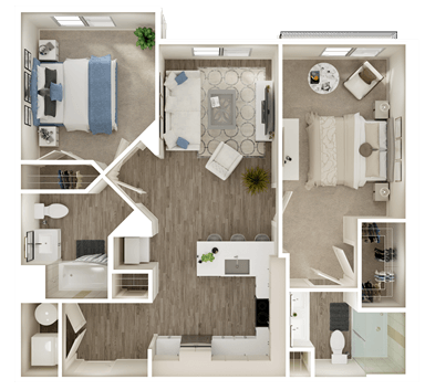 Floor plan for 2 beds, 2 baths, 969 sqft